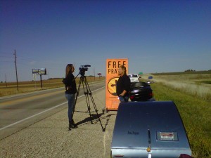 Being interviewed on the roadside by KCAU-TV out of Sioux City.